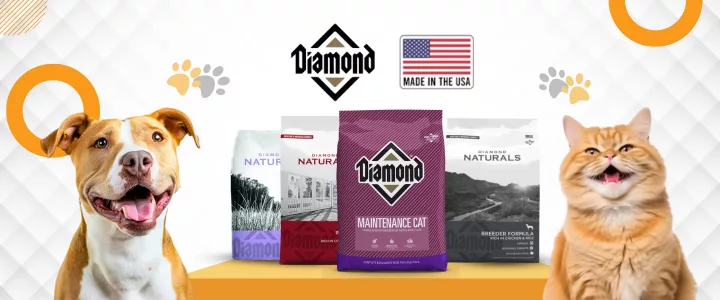 2 Diamond Naturals dog and cat food bags, made in the USA, with a smiling dog and orange cat