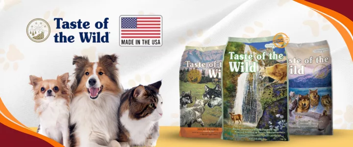 4 Taste of the Wild grain-free dog and cat food bags with two dogs and a cat