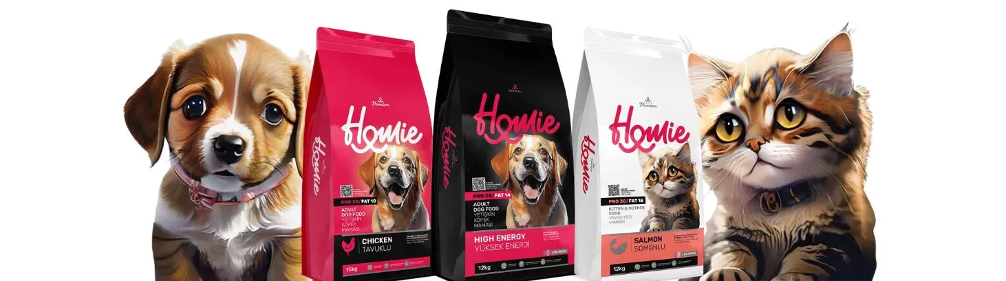 Homie-Banner Homie chicken, high energy dog food and salmon kitten food bags with a puppy and a kitten