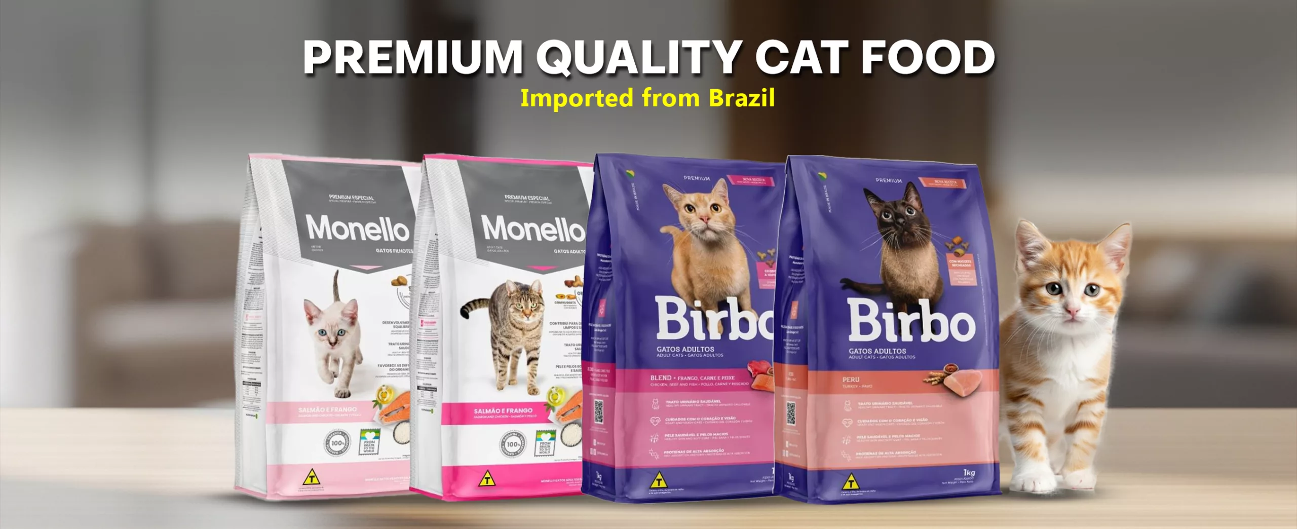 Birbo & Monello Cat Food in Pakista Birbo and Monello premium cat food bags imported from Brazil, with a ginger kitten
