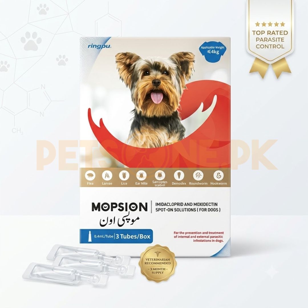Mopsion Spot on Solution For Dogs Under 4kg – Ear Mite And Worm Protection 1-Tube (0.4ML) Mopsion Spot on Solution For Dogs Under 4kg – Ear Mite And Worm Protection 1-Tube (0.4ML) - Image 1